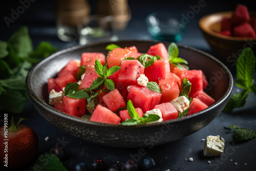 Wallpaper Mural A bowl of watermelon and blueberries with mint leaves. Torontodigital.ca