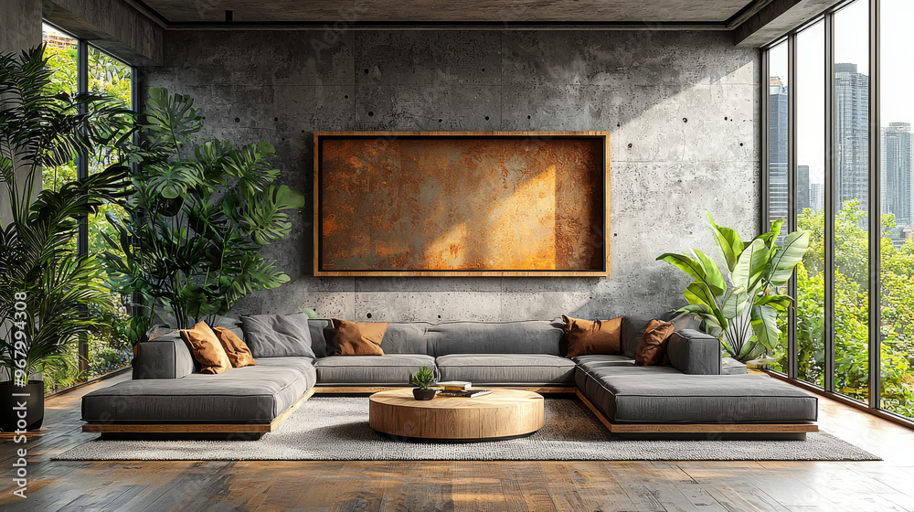 Modern living room with a large sectional sofa, a rustic coffee table, and plants. Modern living room with a large sectional sofa, a rustic coffee table, and plants.
