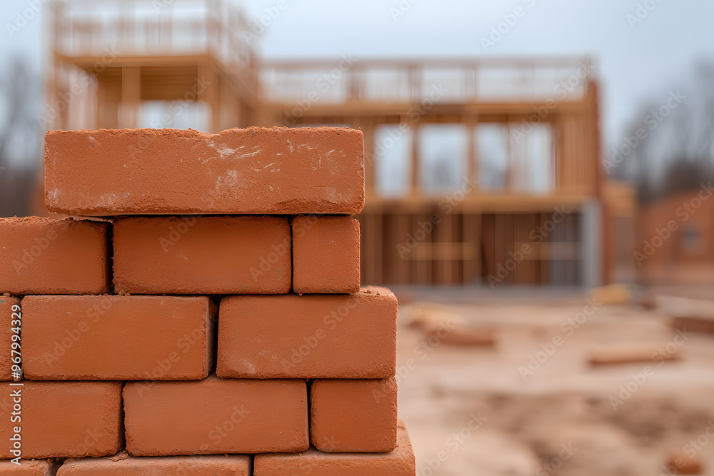 Obraz premium House Construction with Bricks and Building Materials | Residential Construction and Structural Development