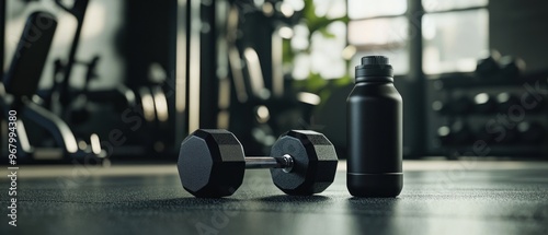 Black Dumbbell and Water Bottle in a Gym Setting