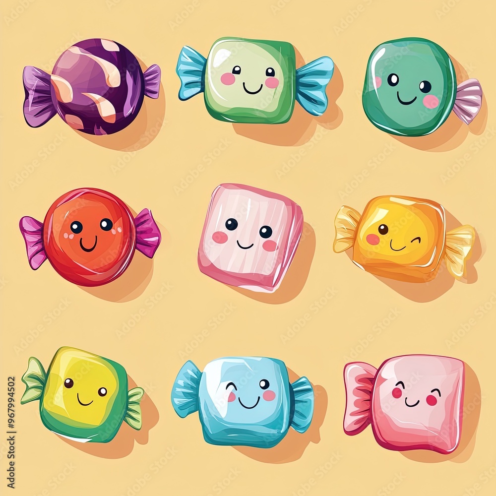 Obraz premium Nine cute candy sweets with happy faces smiling on yellow background