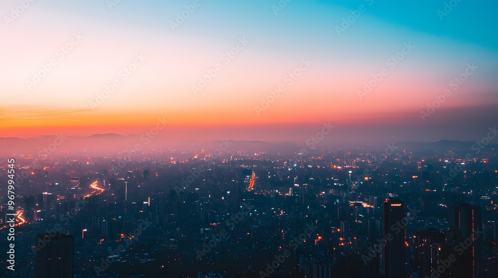 Obraz premium Cityscape at Dusk with a Pink and Blue Gradient Sky