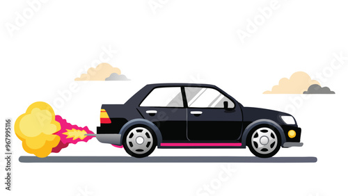 Car engines emit exhaust fumes. The concept of transportation and harmful emissions is detrimental, vector illustration