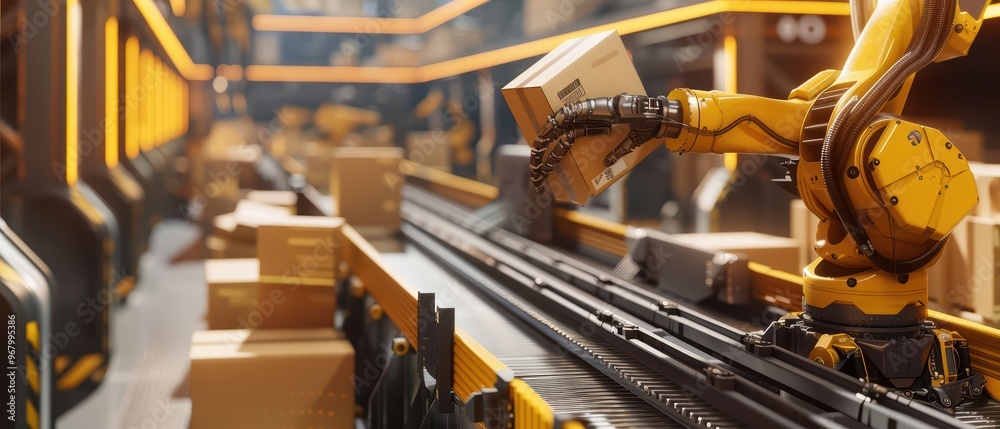 Fototapeta premium Advanced robotic arm handling packages in a modern warehouse, showcasing automation and efficiency in logistics operations.