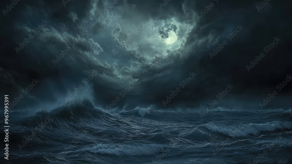 Fototapeta premium A stormy sea with waves crashing under a dark, cloudy midnight sky, illuminated faintly by moonlight, creating a moody and dramatic scene