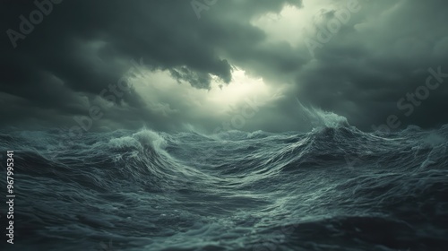 A rough sea under a grey, stormy midnight sky, with clouds swirling overhead and waves crashing violently, a realistic and high-definition shot with natural lighting