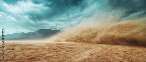 Powerful windstorm blowing sand and dust across a vast arid desert landscape with dramatic swirling clouds in the sky  Harsh photo