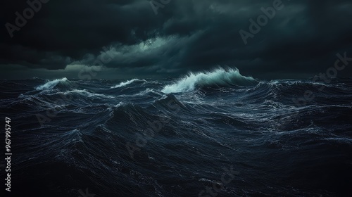 Dark and stormy sea under a cloudy midnight sky, waves crashing violently against each other, with dramatic lighting highlighting the ominous atmosphere