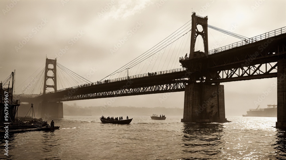 Generative AI, Suspension Bridge Over a River with Boats in the Water on a Foggy Day Generative AI, Suspension Bridge Over a River with Boats in the Water on a Foggy Day