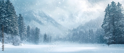 Dramatic heavy snowfall blanketing a serene and majestic mountain landscape creating a picturesque winter wonderland scene  The snowy forest and frozen terrain exude a tranquil