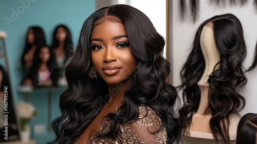 African American woman wearing a wavy wig, standing in front of a backdrop displaying all kinds of beautiful wigs in a luxury boutique setting photo