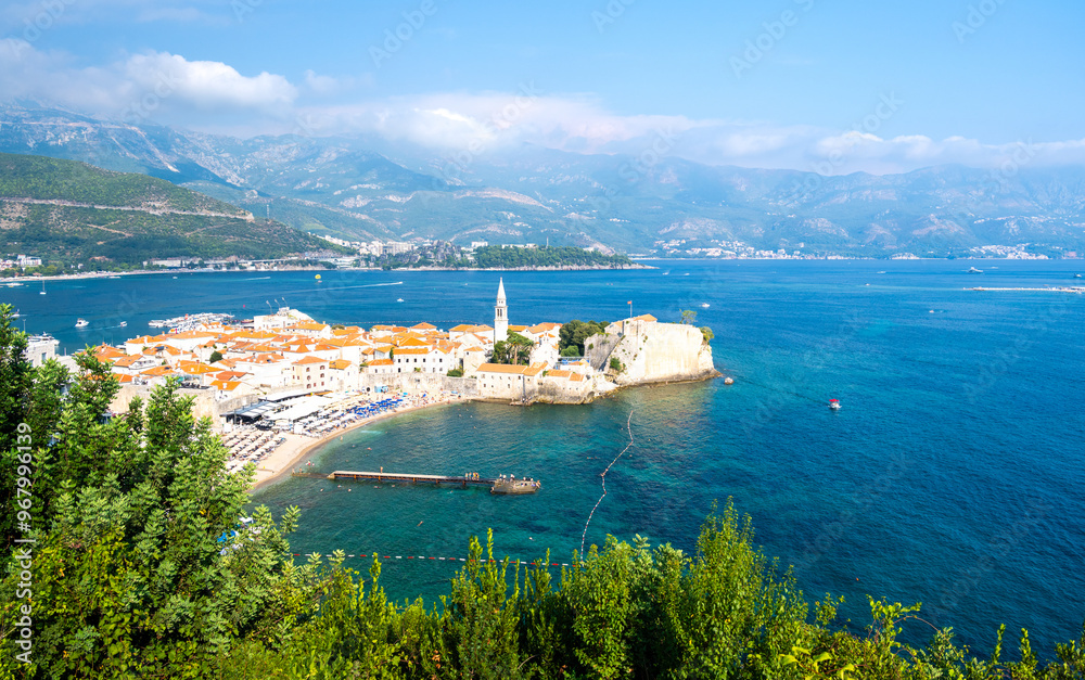 view on Budva old town over azure bay in Montenegro