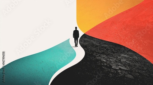 Dual Pathways: A person walking on a path that splits into two, with one path lined with vibrant colors and shapes representing positive habits photo