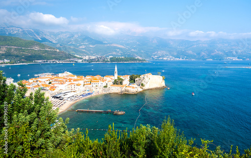 Obraz na płótnie view on Budva old town over azure bay in Montenegro w salonie
