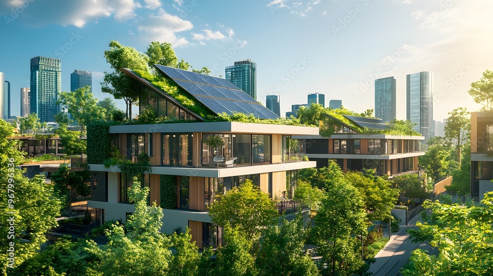 Sustainable Modern Apartment Buildings with Green Roofs and Solar Panels in a City Setting Sustainable Modern Apartment Buildings with Green Roofs and Solar Panels in a City Setting