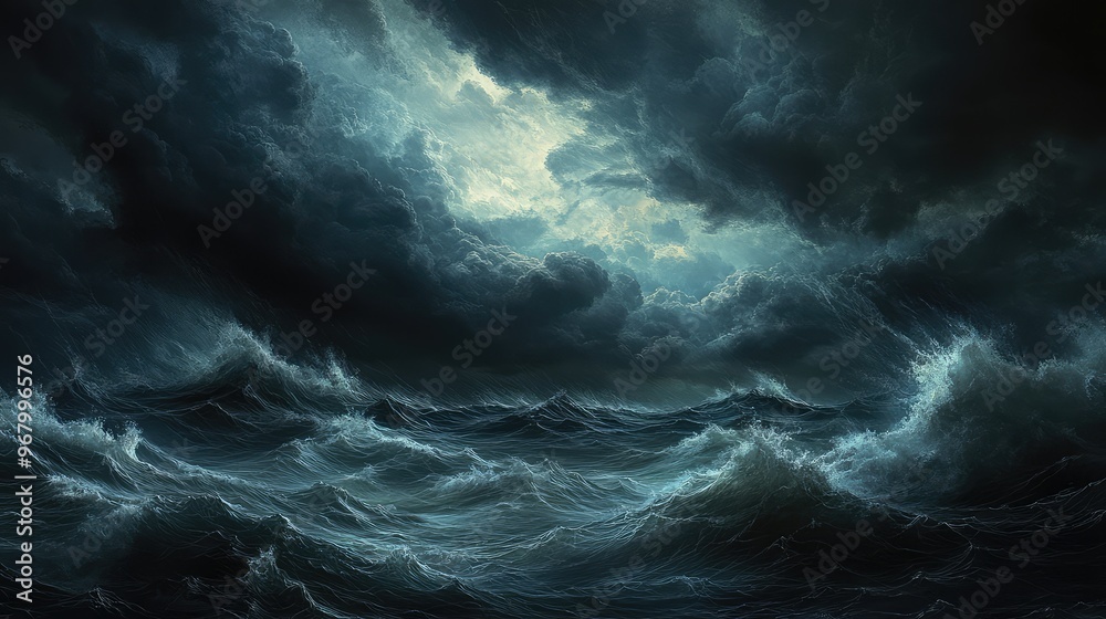 Dark storm clouds fill the sky at midnight, with the sea below churning violently, waves crashing in a chaotic and intense scene, captured in sharp, realistic detail Dark storm clouds fill the sky at midnight, with the sea below churning violently, waves crashing in a chaotic and intense scene, captured in sharp, realistic detail