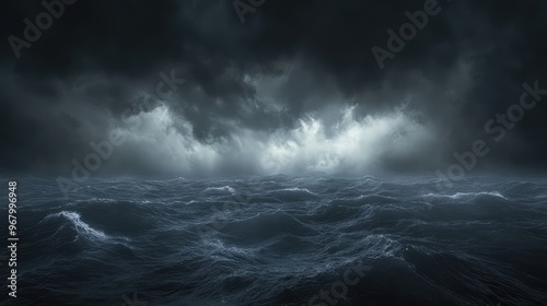 Heavy storm clouds roll across a dark grey midnight sky, casting deep shadows on the churning sea below, with high-definition, realistic detail and dramatic lighting