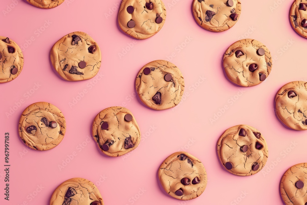 Delicious chocolate chip cookies arranged neatly on a playful pink background, perfect for dessert and snack concepts. Delicious chocolate chip cookies arranged neatly on a playful pink background, perfect for dessert and snack concepts.