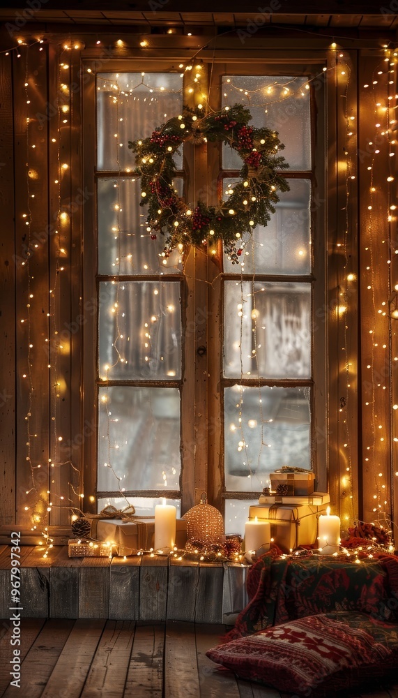 Obraz premium A cozy christmas scene with warm lighting, fairy lights, and festive decorations for holiday cheer