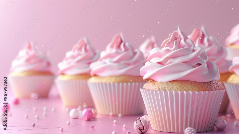 Delicious cupcakes with pink frosting arranged elegantly on a pastel background, perfect for celebrations or desserts. Delicious cupcakes with pink frosting arranged elegantly on a pastel background, perfect for celebrations or desserts.
