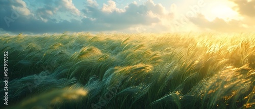 Golden wheat or barley field undulating with the motion of the wind under a dramatic cloudy sky with a glowing sunset or sunrise  Tranquil peaceful and scenic countryside landscape