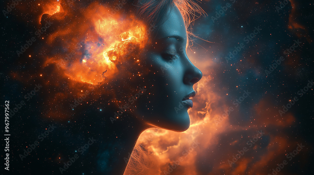 Surreal portrait with a galaxy swirling inside the subject’s head combining human elements with cosmic themes using vibrant space colors Surreal portrait with a galaxy swirling inside the subject’s head combining human elements with cosmic themes using vibrant space colors