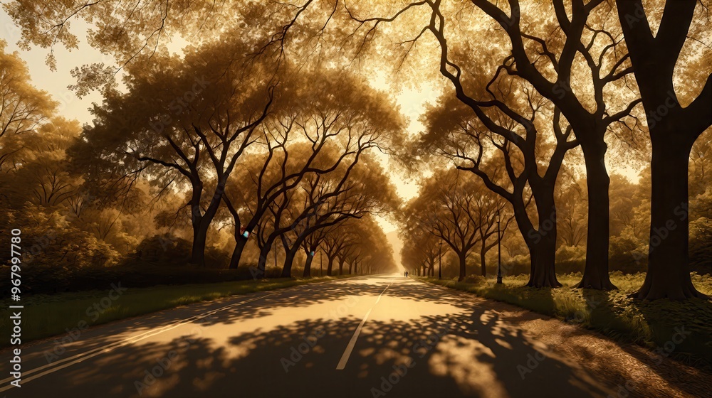 Fototapeta premium Generative AI, Sunlit Road Lined with Majestic Trees Creating a Canopy of Shadows