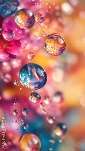 Vibrant macro shot of colorful water droplet on textured surface glowing with gradient light soft bokeh effects abstract and artistic fluid dynamic scene