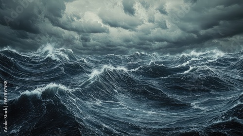 Realistic shot of rough ocean waves in a storm, with a grey midnight sky full of thick, swirling clouds, captured in high-definition detail and natural lighting