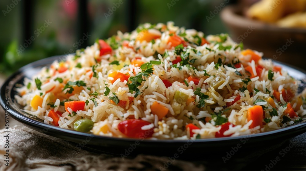 A vibrant and healthy main course rice dish filled with colorful vegetables. Indian cuisine. A vibrant and healthy main course rice dish filled with colorful vegetables. Indian cuisine.