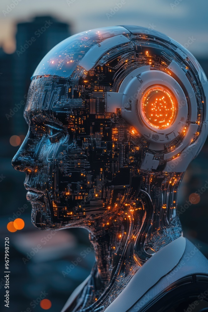 Robotic head with circuitry, set against skyline Robotic head with circuitry, set against skyline