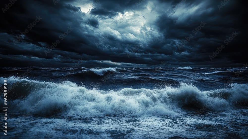Fototapeta premium The sea churns and crashes under a dark stormy sky, with thick clouds swirling in the midnight air, high-definition detail and natural lighting capturing the mood