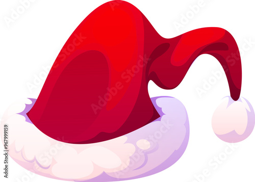 Cartoon Christmas Santa hat. Festive headdress accessory for xmas holiday celebration, Isolated vector red cap with white fur, photo booth decoration evoking feelings of joy, and winter festivities
