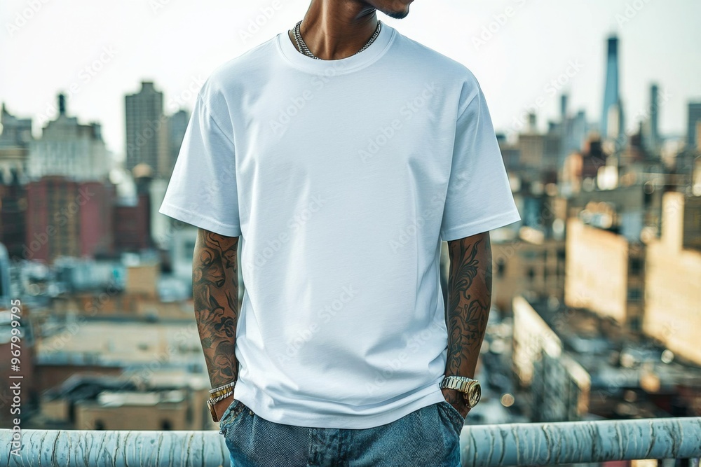 T-shirt worn by a model in an urban street wear style created with Generative AI T-shirt worn by a model in an urban street wear style created with Generative AI