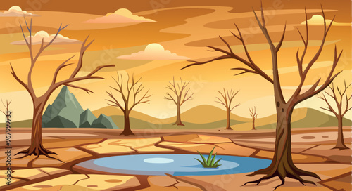 Small pond surviving drought in cracked earth desert landscape