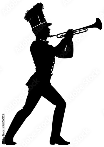 Silhouette of a marching band trumpet player, in black, isolated 