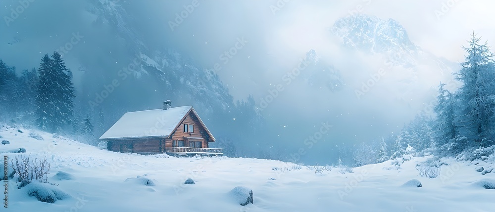 Naklejka premium Snowstorm engulfing a rustic mountain cabin nestled in a remote snow covered forest landscape Harsh winter weather creates a harsh yet picturesque scene with heavy snowfall icy trees and a serene