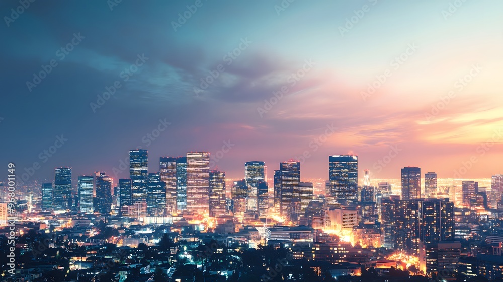 Obraz premium Cityscape at Dusk with Illuminated Buildings and a Pink Sky