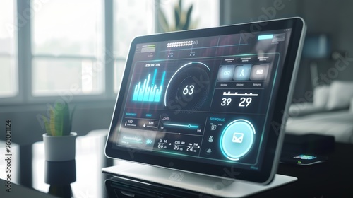 Smart Home Control Panel Displaying Real-Time Energy Usage and Savings Data on Touchscreen Interface