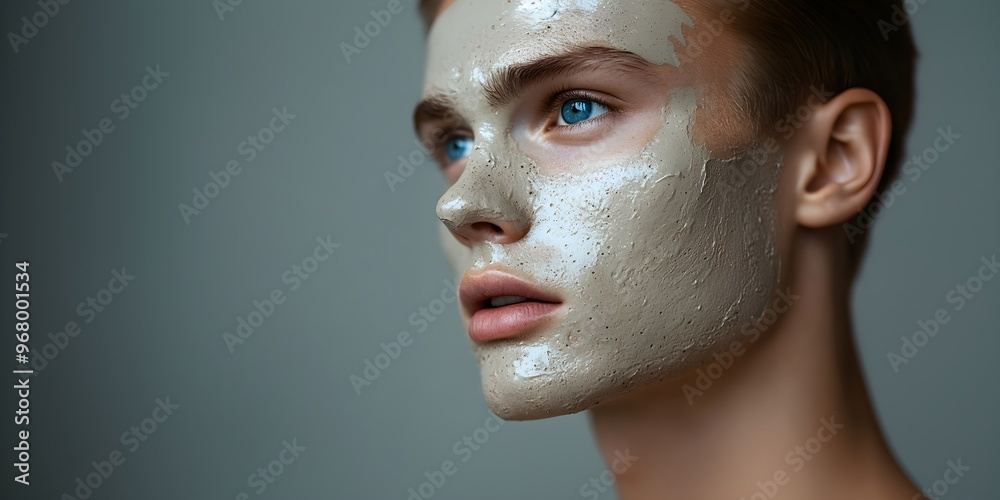 Man with clay mask. Skincare and spa treatment concept. Beauty and wellness. Natural cosmetic products. Close-up portrait with copy space Man with clay mask. Skincare and spa treatment concept. Beauty and wellness. Natural cosmetic products. Close-up portrait with copy space