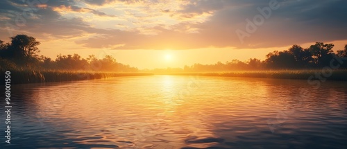 Serene river sunset with warm golden light reflecting off the calm still waters creating a dreamlike and atmospheric landscape  Hazy humid conditions add to the tranquil peaceful ambiance