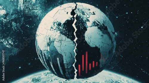 Fototapeta Naklejka Na Ścianę i Meble -  Fractured Globe and Market Charts: A globe split into two halves, with cracks running through it, symbolizing the fractured global market