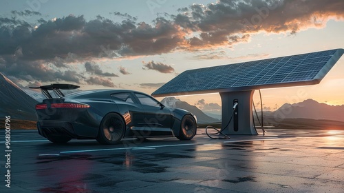 An electric car charging at a solar-powered station, with a focus on reducing the transport carbon footprint photo