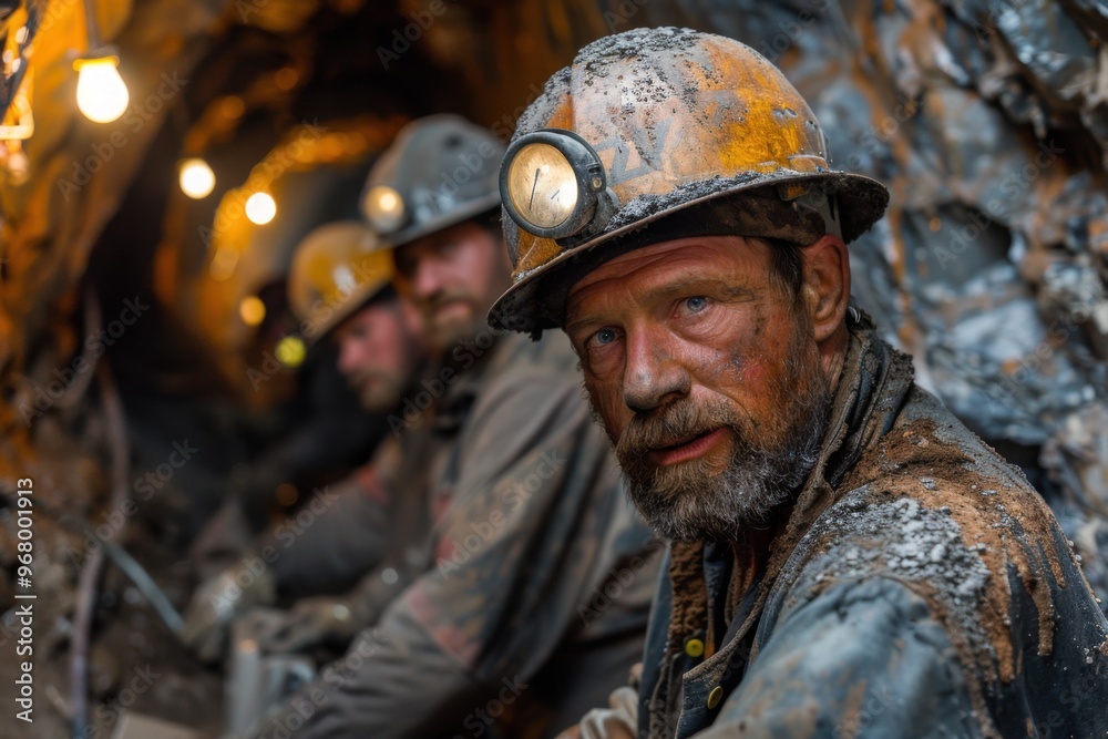 Men wearing helmets and helmets in a mine, miners working underground Men wearing helmets and helmets in a mine, miners working underground