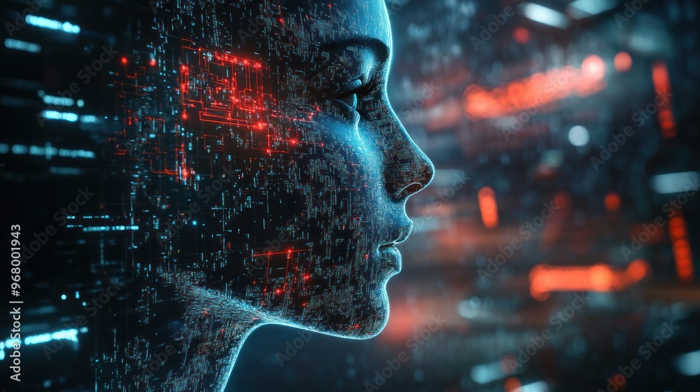 Digital Human Profile Composed of Binary Code and Circuitry Digital Human Profile Composed of Binary Code and Circuitry