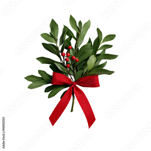 Festive holiday arrangement with green leaves, red berries, and a bright red ribbon, perfect for Christmas decorations and seasonal celebrations. isolated PNG transparent background.  photo