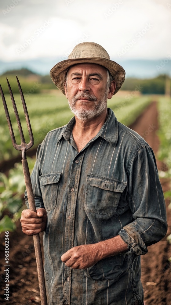 An environmental portrait of a farmer in a field, holding a pitchfork, with rows of crops stretching out behind them An environmental portrait of a farmer in a field, holding a pitchfork, with rows of crops stretching out behind them