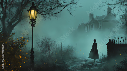 Victorian ghost story haunt readers with a chilling victorian ghost story set in a world of gas lamps, foggy streets, and haunted mansions. Ghost. Illustration photo