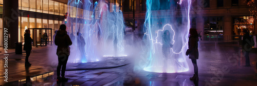 An innovative performance art installation transforms an urban square with moving sculptures and interactive light displays, offering a unique artistic spectacle, unusualness explosion banner photo