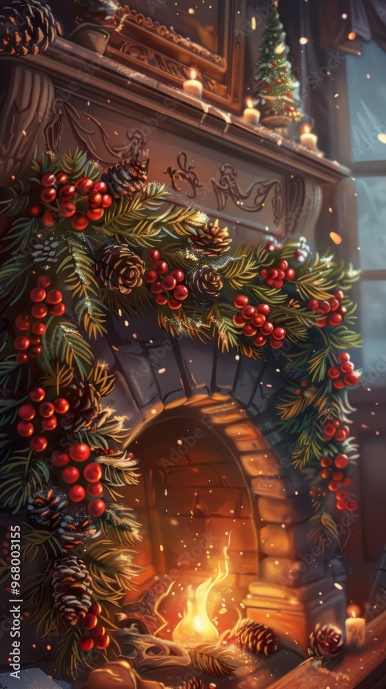 Obraz premium This beautiful Christmas garland illustration features evergreen branches, red berries, and pine cones elegantly draped over a fireplace mantel, perfect for traditional holiday decor